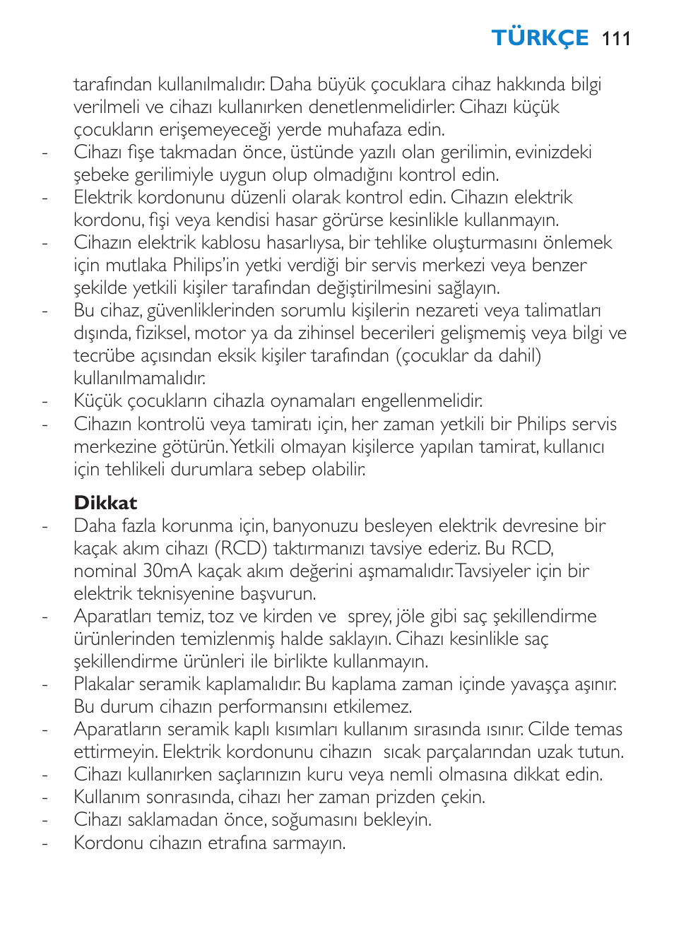 Dikkat | Philips Plancha multiestilo User Manual | Page 111 / 120