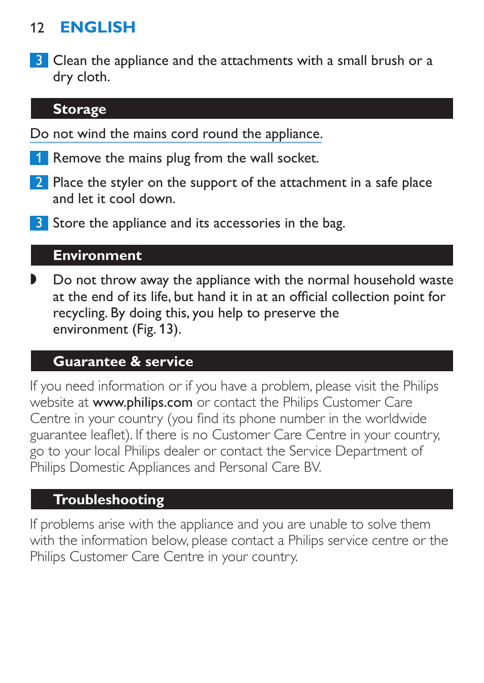Storage, Environment, Guarantee & service | Troubleshooting | Philips Plancha multiestilo User Manual | Page 12 / 120