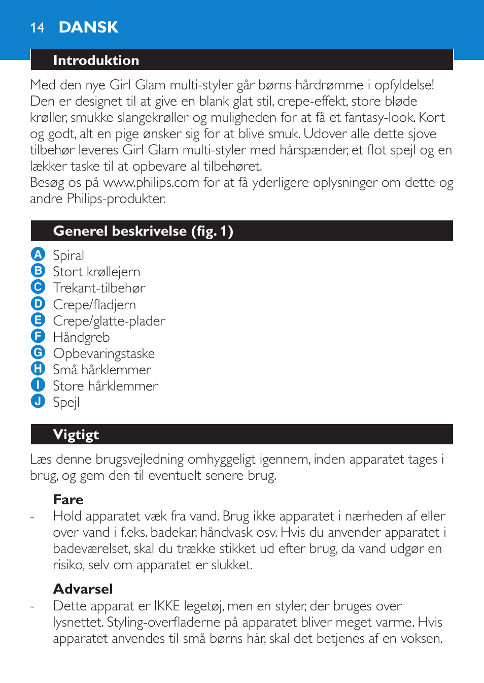 Fare, Advarsel, Dansk | Introduktion, Generel beskrivelse (fig. 1), Vigtigt | Philips Plancha multiestilo User Manual | Page 14 / 120