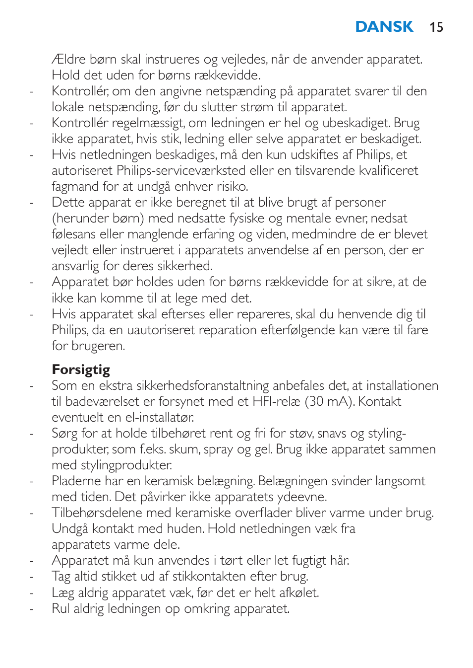 Forsigtig | Philips Plancha multiestilo User Manual | Page 15 / 120
