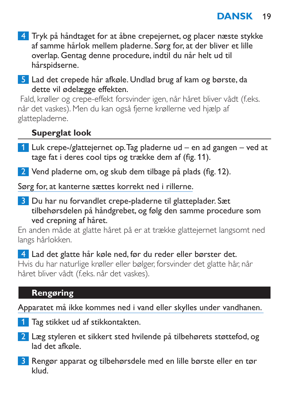 Superglat look, Rengøring | Philips Plancha multiestilo User Manual | Page 19 / 120