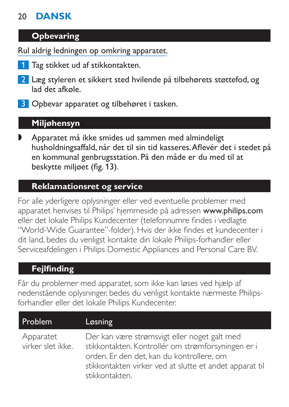 Opbevaring, Miljøhensyn, Reklamationsret og service | Fejlfinding | Philips Plancha multiestilo User Manual | Page 20 / 120