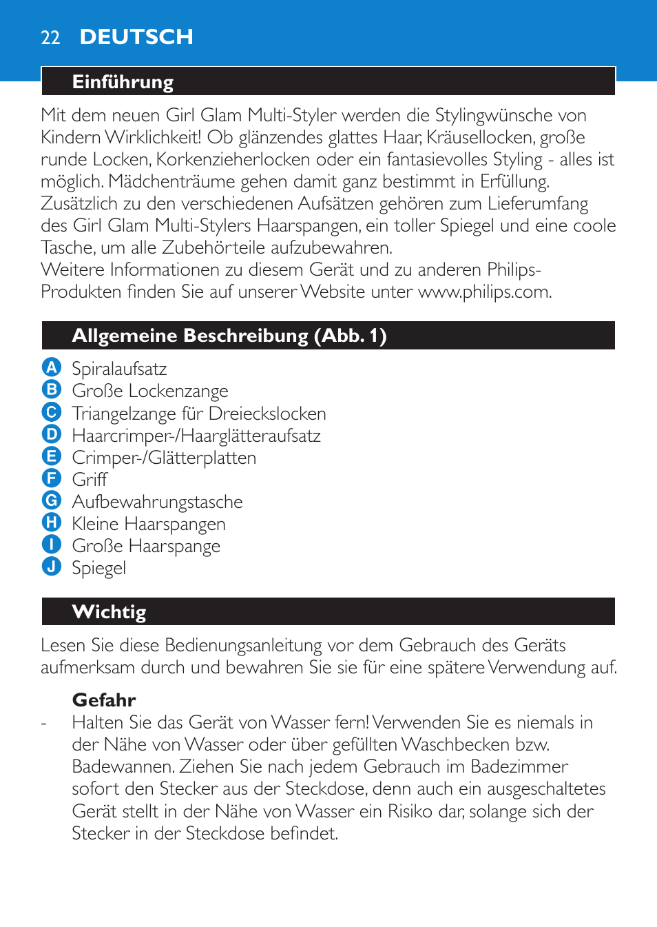 Gefahr, Deutsch, Einführung | Allgemeine beschreibung (abb. 1), Wichtig | Philips Plancha multiestilo User Manual | Page 22 / 120
