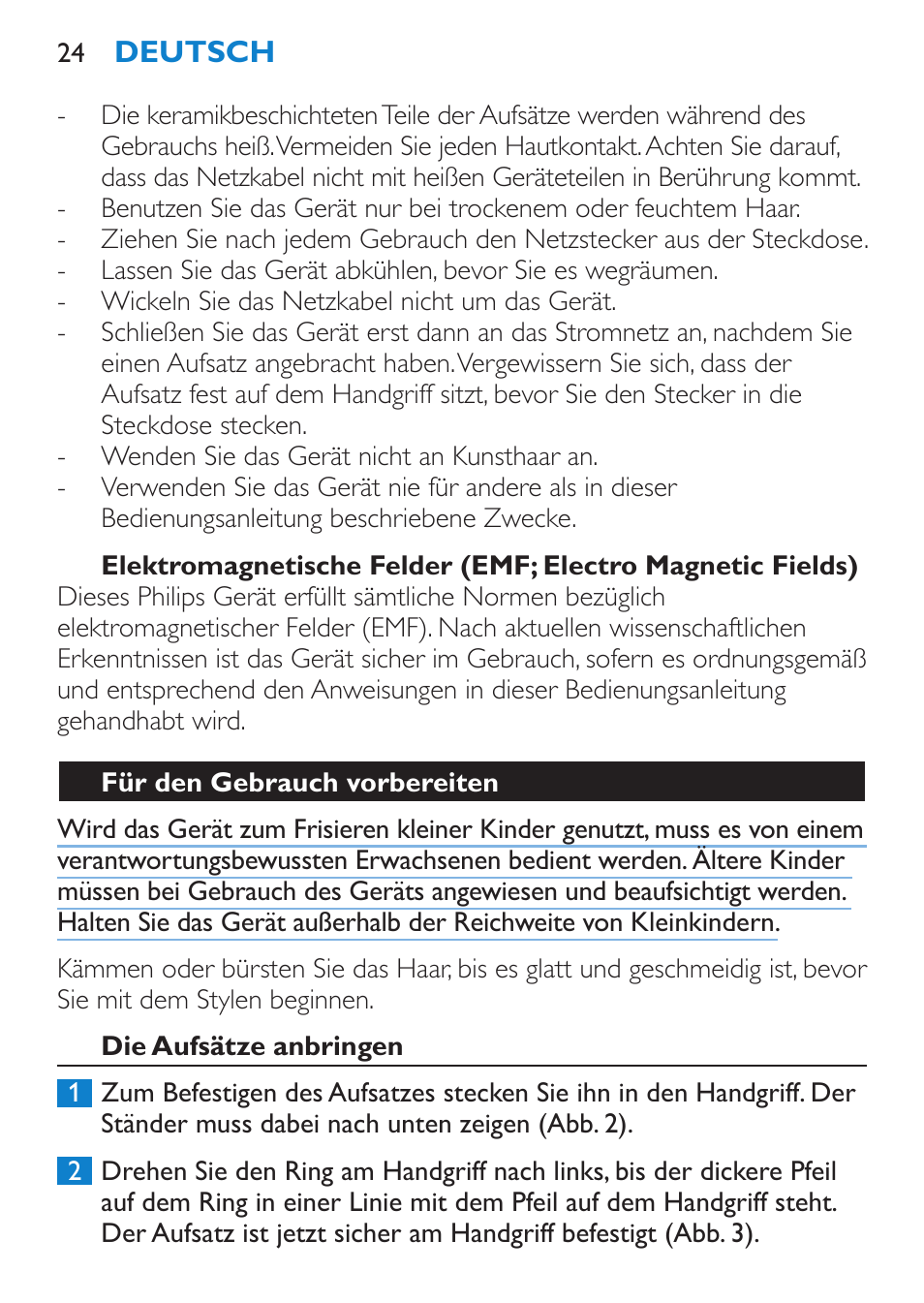 Für den gebrauch vorbereiten, Die aufsätze anbringen | Philips Plancha multiestilo User Manual | Page 24 / 120