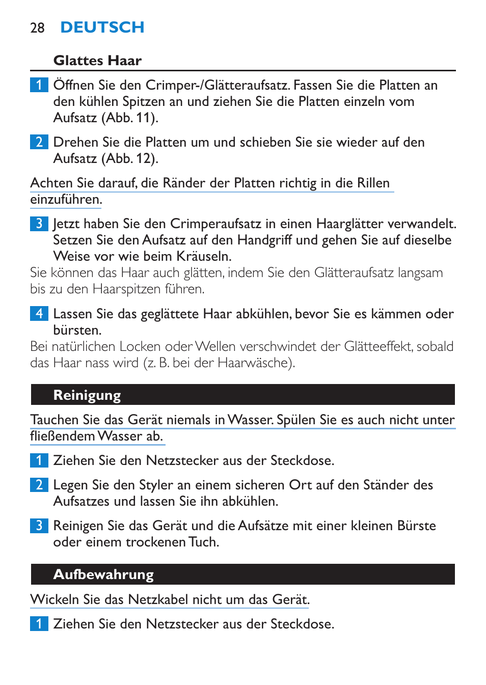 Glattes haar, Reinigung | Philips Plancha multiestilo User Manual | Page 28 / 120