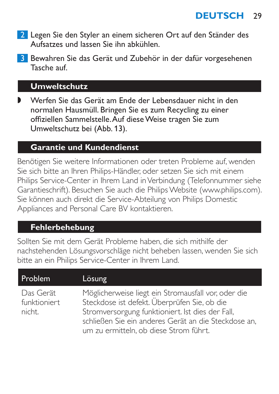 Aufbewahrung, Umweltschutz, Garantie und kundendienst | Fehlerbehebung | Philips Plancha multiestilo User Manual | Page 29 / 120