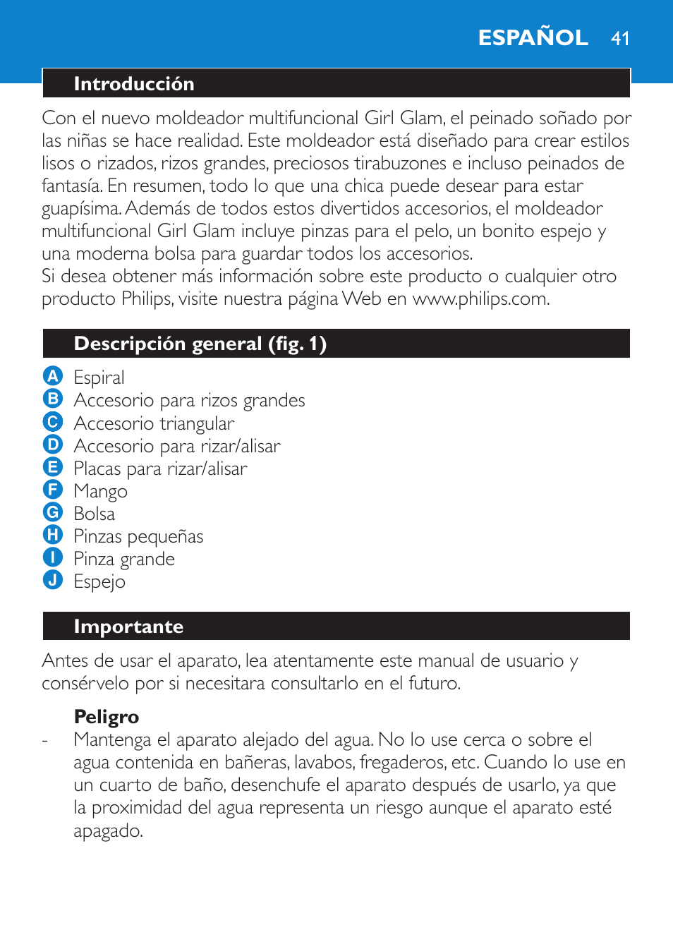 Peligro, Español, Introducción | Descripción general (fig. 1), Importante | Philips Plancha multiestilo User Manual | Page 41 / 120