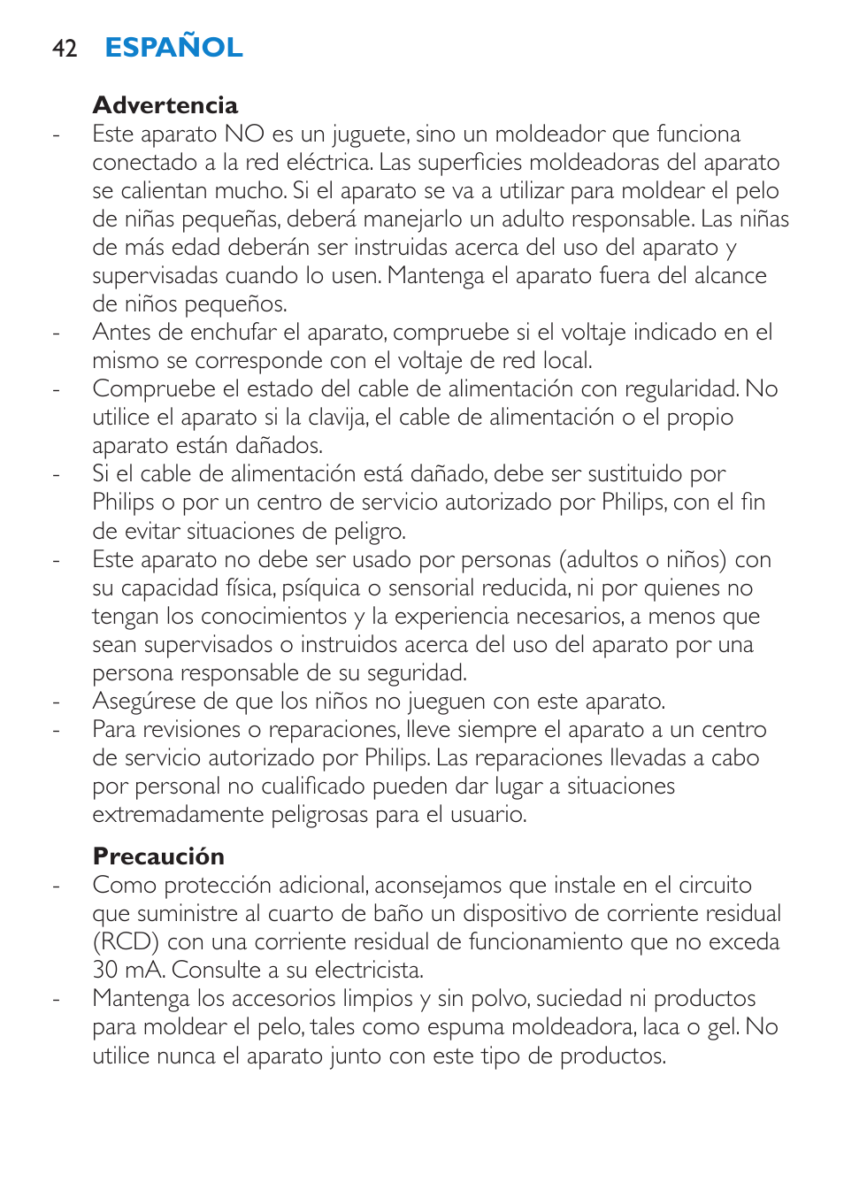 Advertencia, Precaución | Philips Plancha multiestilo User Manual | Page 42 / 120