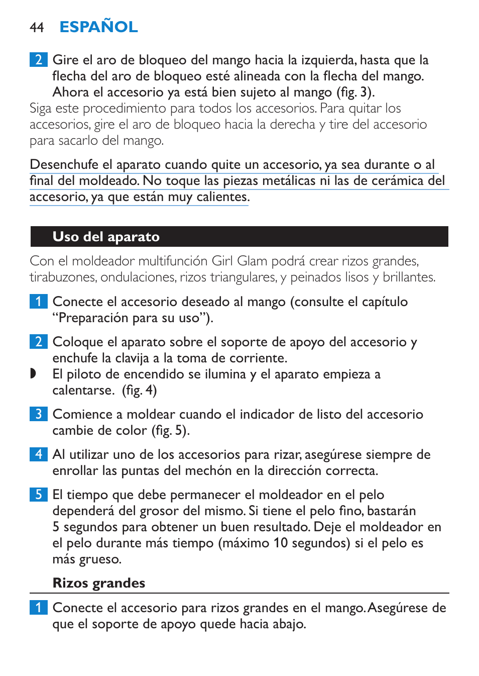 Uso del aparato, Rizos grandes | Philips Plancha multiestilo User Manual | Page 44 / 120