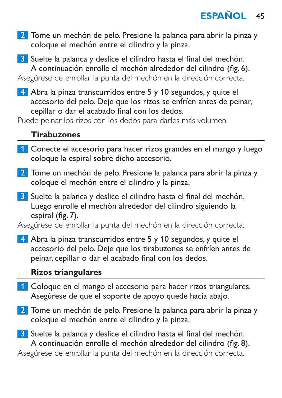 Tirabuzones, Rizos triangulares | Philips Plancha multiestilo User Manual | Page 45 / 120