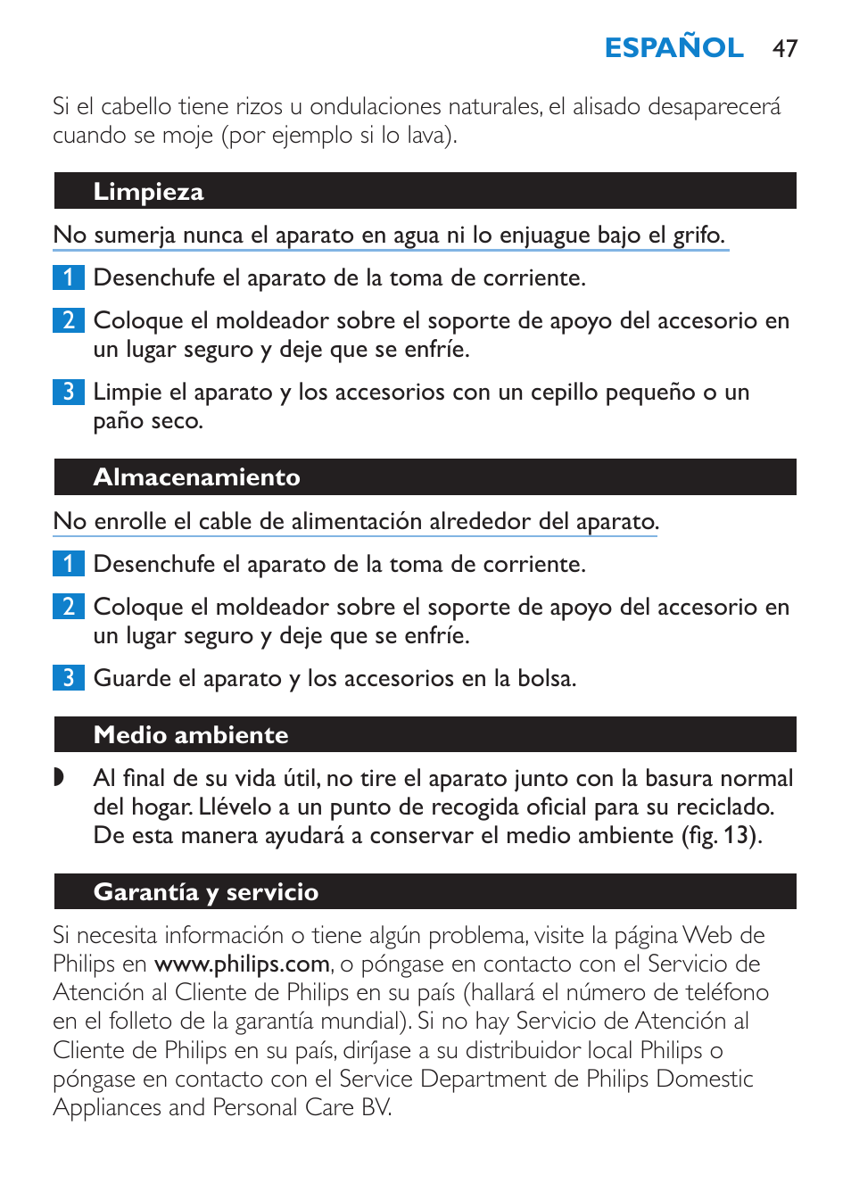 Limpieza, Almacenamiento, Medio ambiente | Garantía y servicio | Philips Plancha multiestilo User Manual | Page 47 / 120