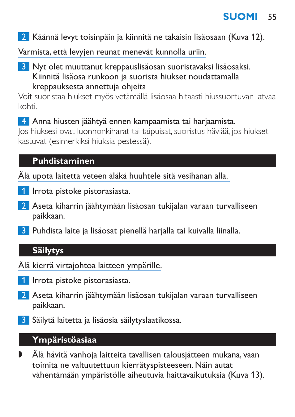 Puhdistaminen, Säilytys, Ympäristöasiaa | Philips Plancha multiestilo User Manual | Page 55 / 120