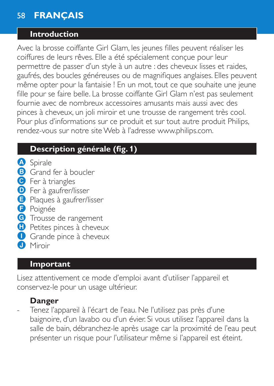 Danger, Français, Introduction | Description générale (fig. 1), Important | Philips Plancha multiestilo User Manual | Page 58 / 120