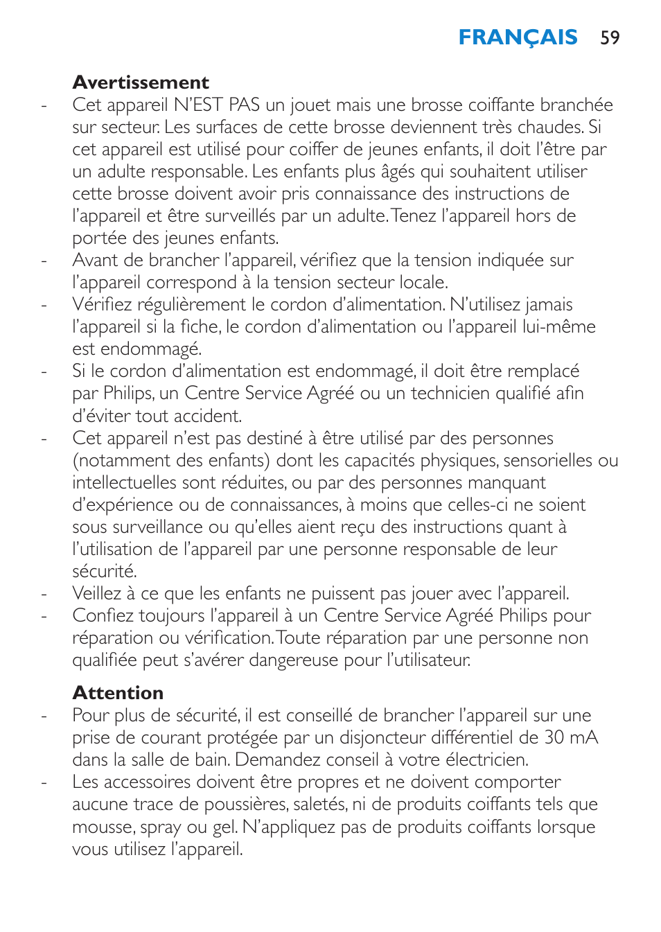 Avertissement, Attention | Philips Plancha multiestilo User Manual | Page 59 / 120