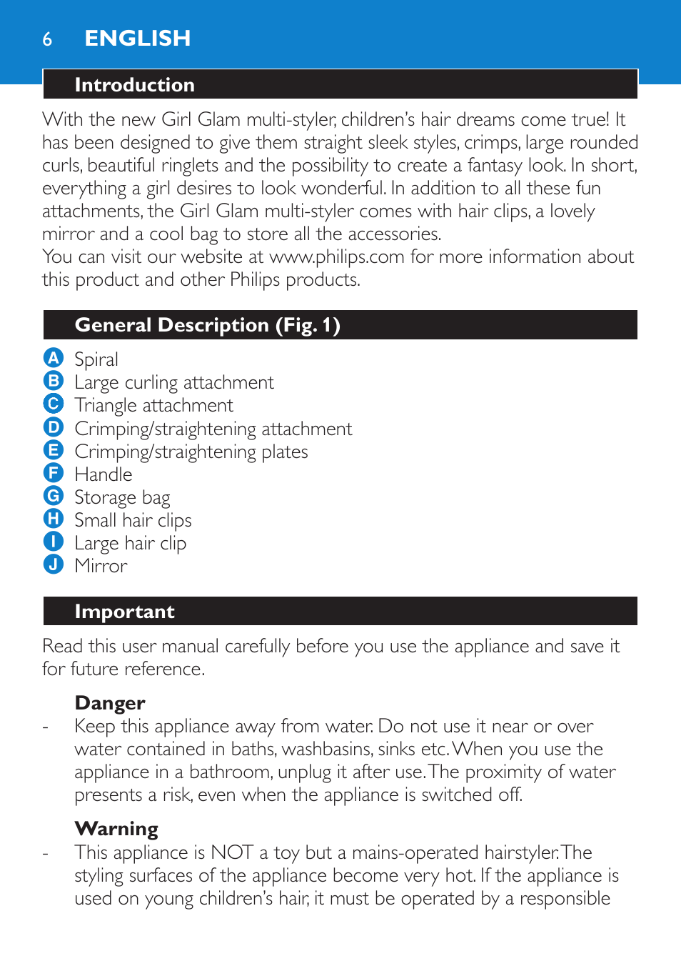 English, Introduction, General description (fig. 1) | Important, Danger, Warning | Philips Plancha multiestilo User Manual | Page 6 / 120