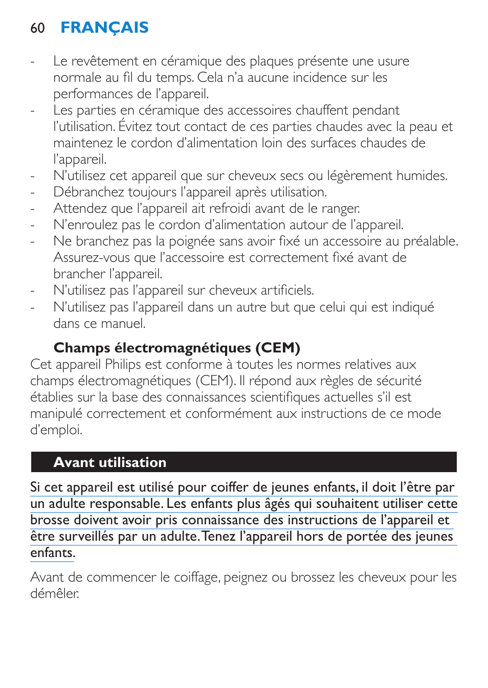 Champs électromagnétiques (cem), Avant utilisation | Philips Plancha multiestilo User Manual | Page 60 / 120