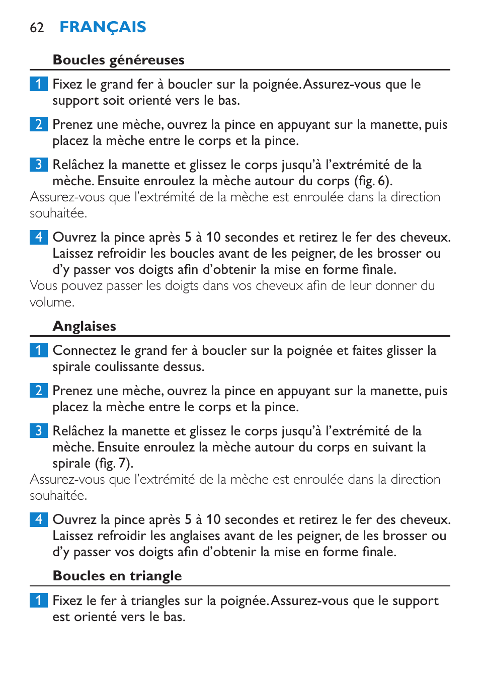 Boucles généreuses, Anglaises, Boucles en triangle | Philips Plancha multiestilo User Manual | Page 62 / 120