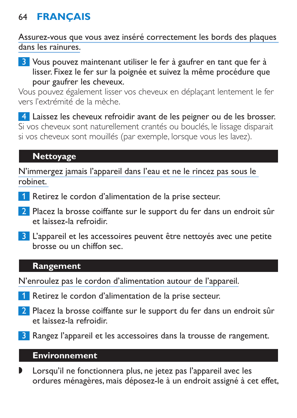 Nettoyage, Rangement, Environnement | Philips Plancha multiestilo User Manual | Page 64 / 120