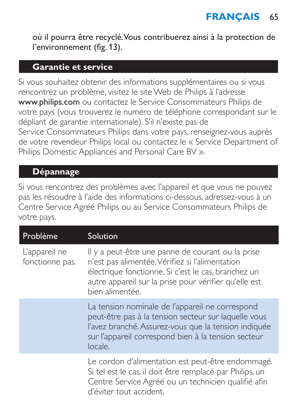 Garantie et service, Dépannage | Philips Plancha multiestilo User Manual | Page 65 / 120