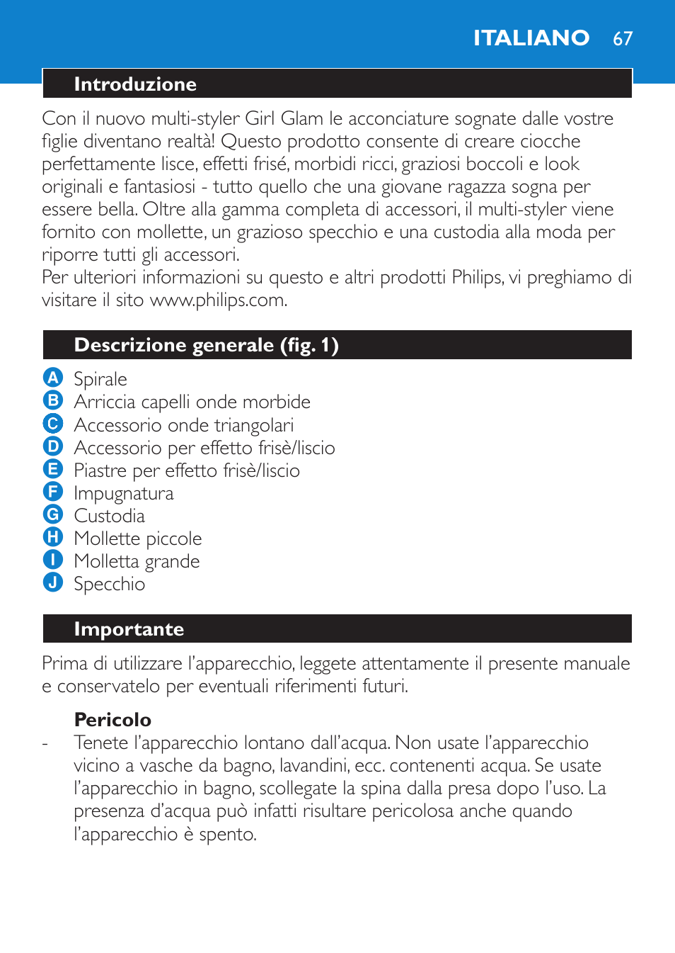 Pericolo, Italiano, Introduzione | Descrizione generale (fig. 1), Importante | Philips Plancha multiestilo User Manual | Page 67 / 120