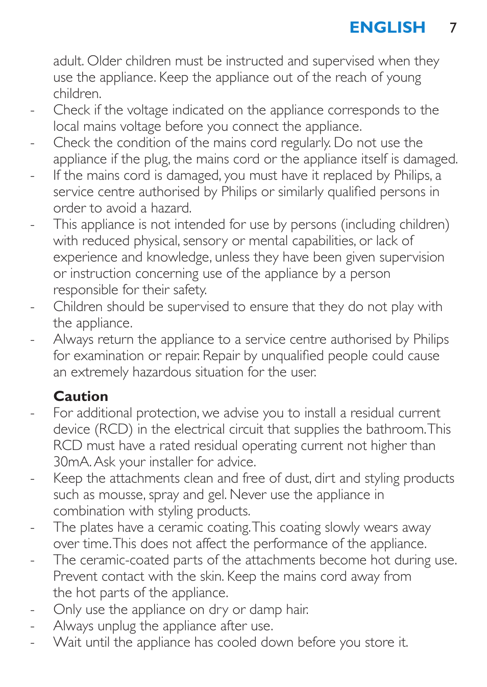 Caution | Philips Plancha multiestilo User Manual | Page 7 / 120