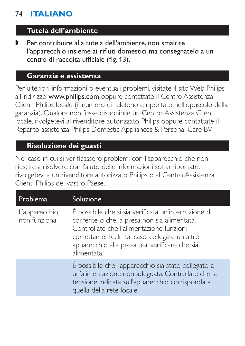 Tutela dell’ambiente, Garanzia e assistenza, Risoluzione dei guasti | Philips Plancha multiestilo User Manual | Page 74 / 120