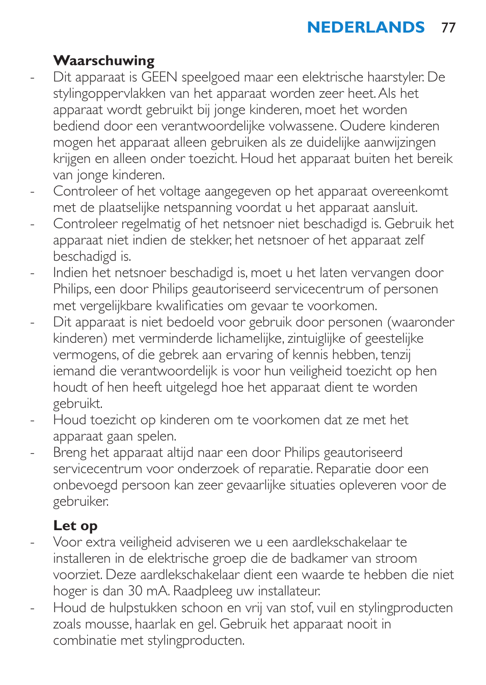 Waarschuwing, Let op | Philips Plancha multiestilo User Manual | Page 77 / 120