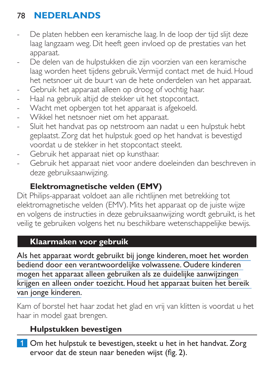Elektromagnetische velden (emv), Klaarmaken voor gebruik, Hulpstukken bevestigen | Philips Plancha multiestilo User Manual | Page 78 / 120