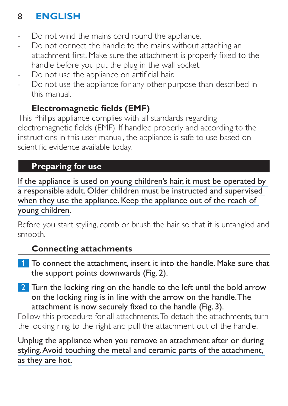 Electromagnetic fields (emf), Preparing for use, Connecting attachments | Philips Plancha multiestilo User Manual | Page 8 / 120