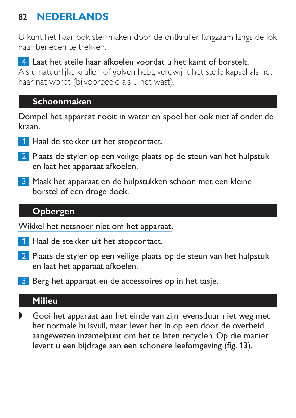 Schoonmaken, Opbergen, Milieu | Garantie & service | Philips Plancha multiestilo User Manual | Page 82 / 120