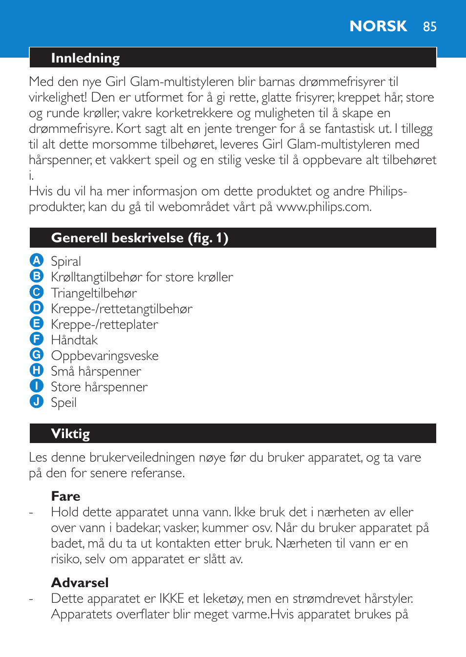 Fare, Advarsel, Norsk | Innledning, Generell beskrivelse (fig. 1), Viktig | Philips Plancha multiestilo User Manual | Page 85 / 120