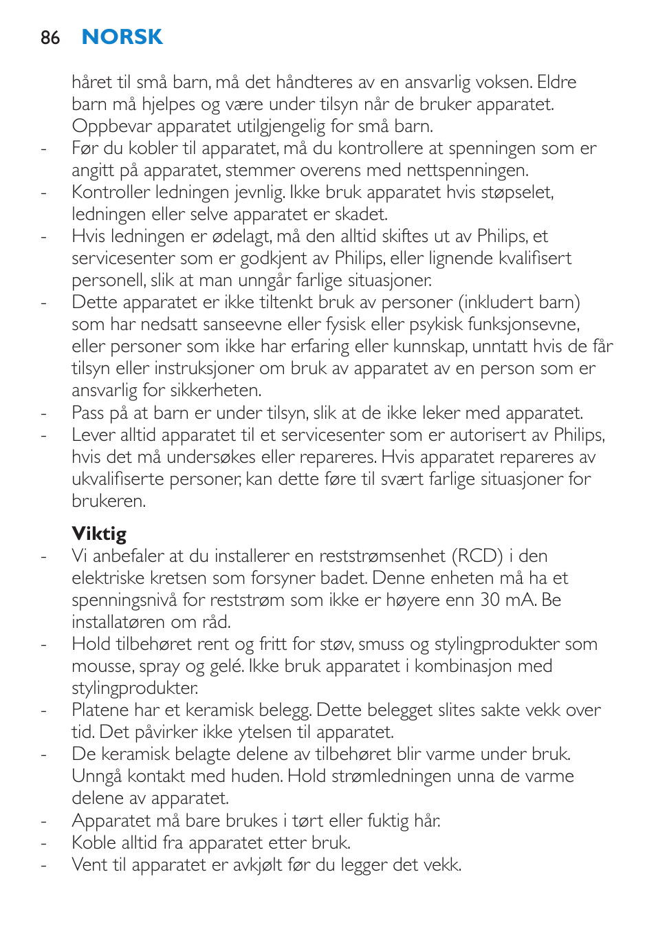 Viktig | Philips Plancha multiestilo User Manual | Page 86 / 120