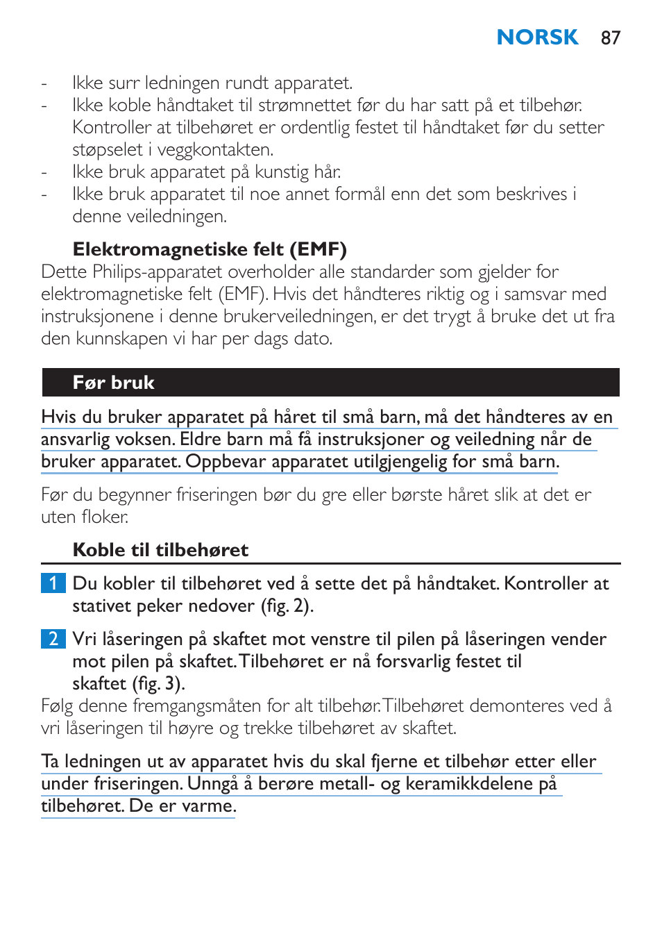 Elektromagnetiske felt (emf), Før bruk, Koble til tilbehøret | Philips Plancha multiestilo User Manual | Page 87 / 120