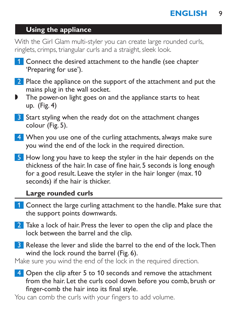Using the appliance, Large rounded curls | Philips Plancha multiestilo User Manual | Page 9 / 120