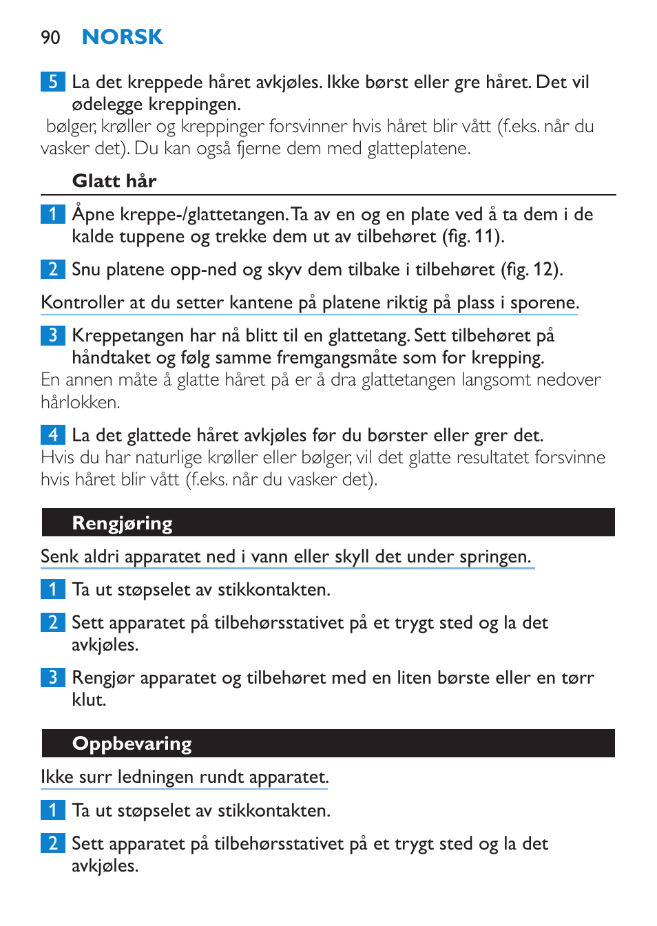 Glatt hår, Rengjøring, Oppbevaring | Philips Plancha multiestilo User Manual | Page 90 / 120