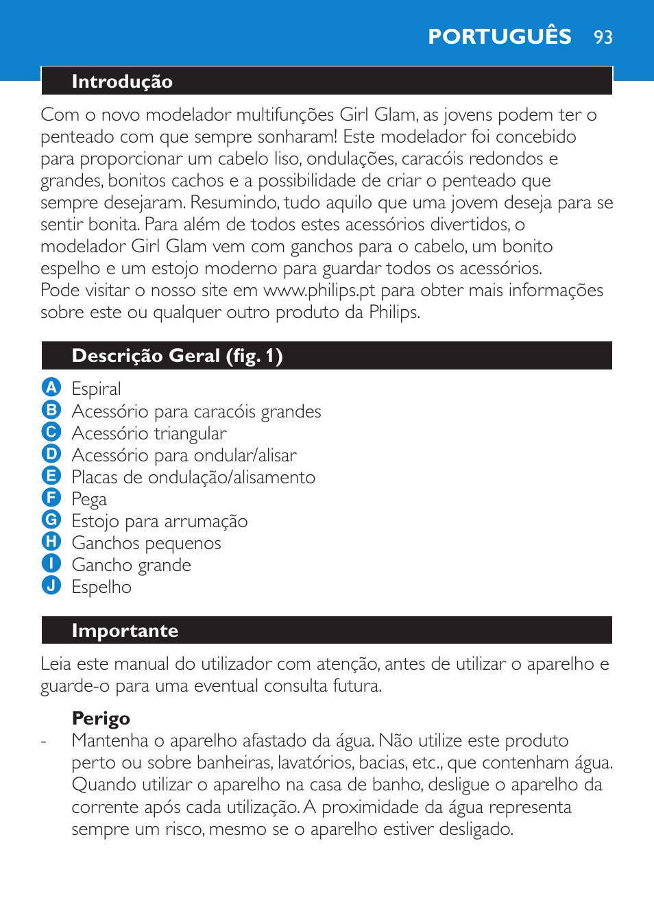 Perigo, Português, Introdução | Descrição geral (fig. 1), Importante | Philips Plancha multiestilo User Manual | Page 93 / 120