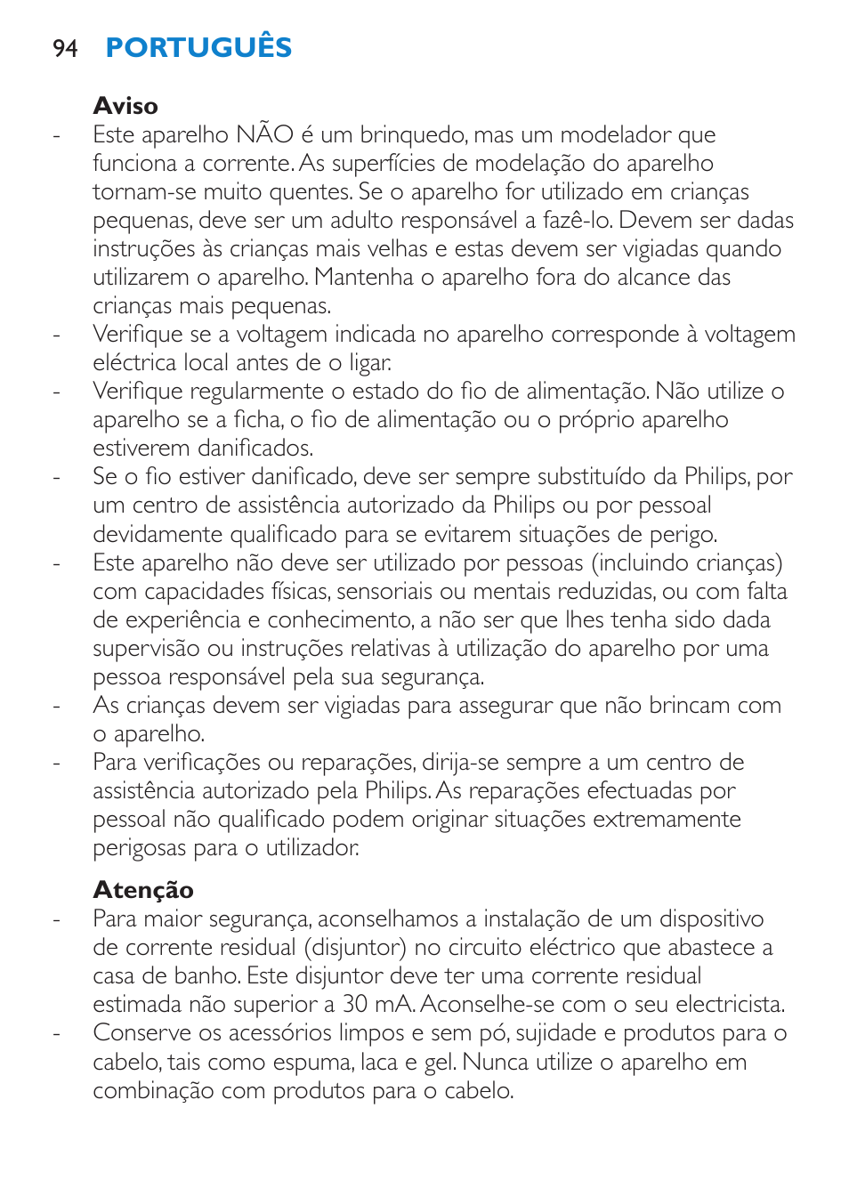 Aviso, Atenção | Philips Plancha multiestilo User Manual | Page 94 / 120