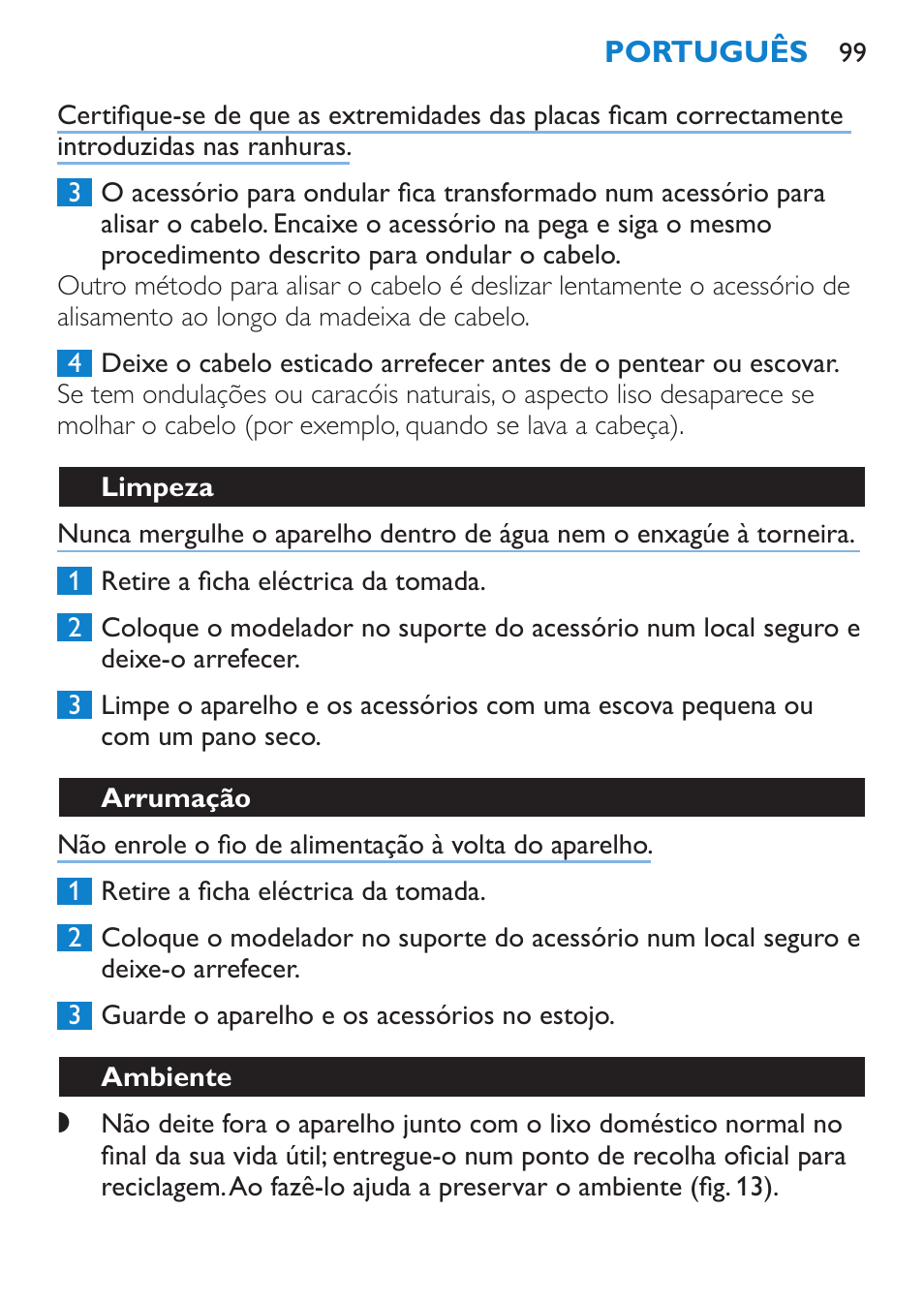 Limpeza, Arrumação, Ambiente | Philips Plancha multiestilo User Manual | Page 99 / 120