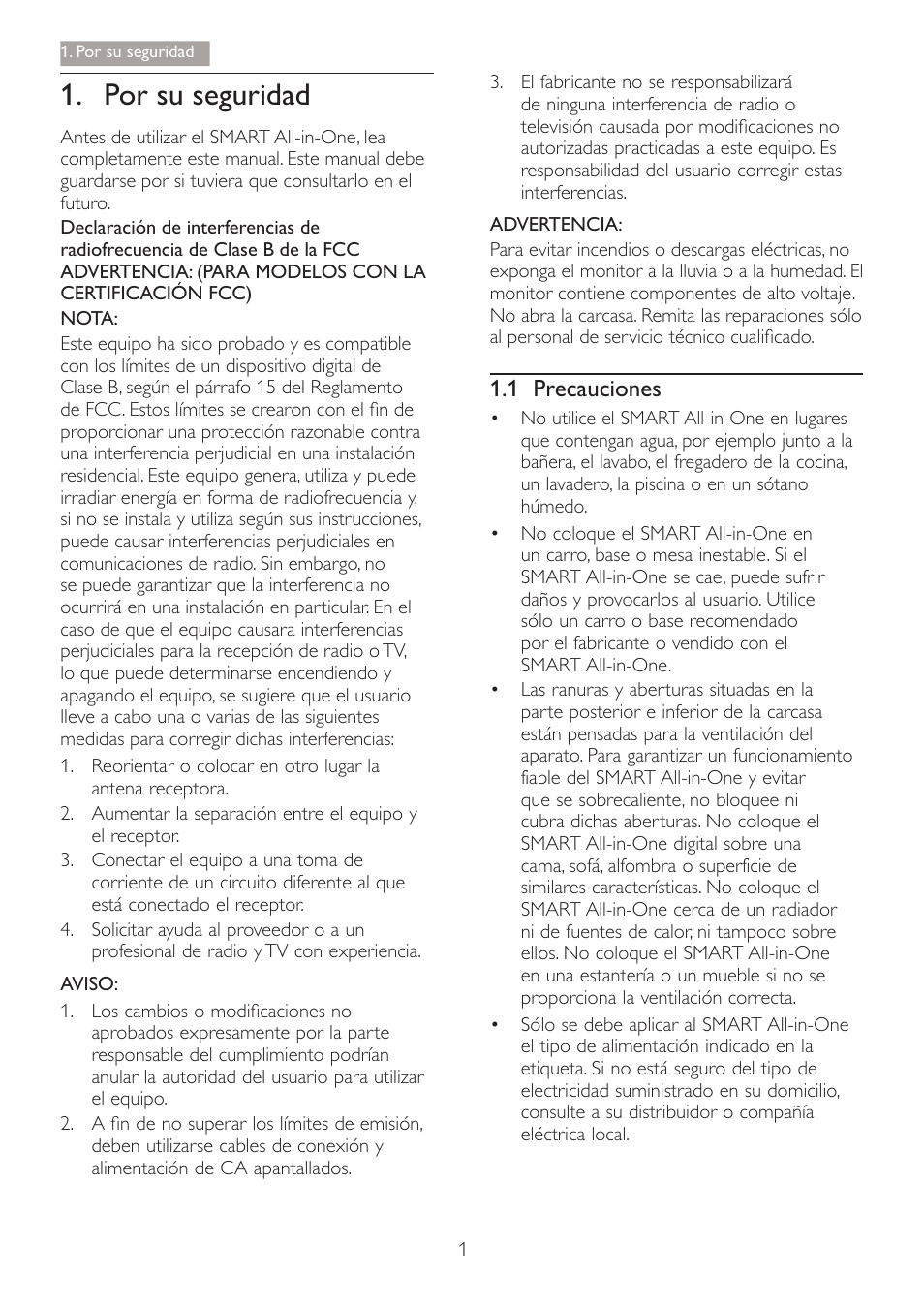 Por su seguridad, 1 precauciones | Philips Smart All-in-One User Manual | Page 3 / 45