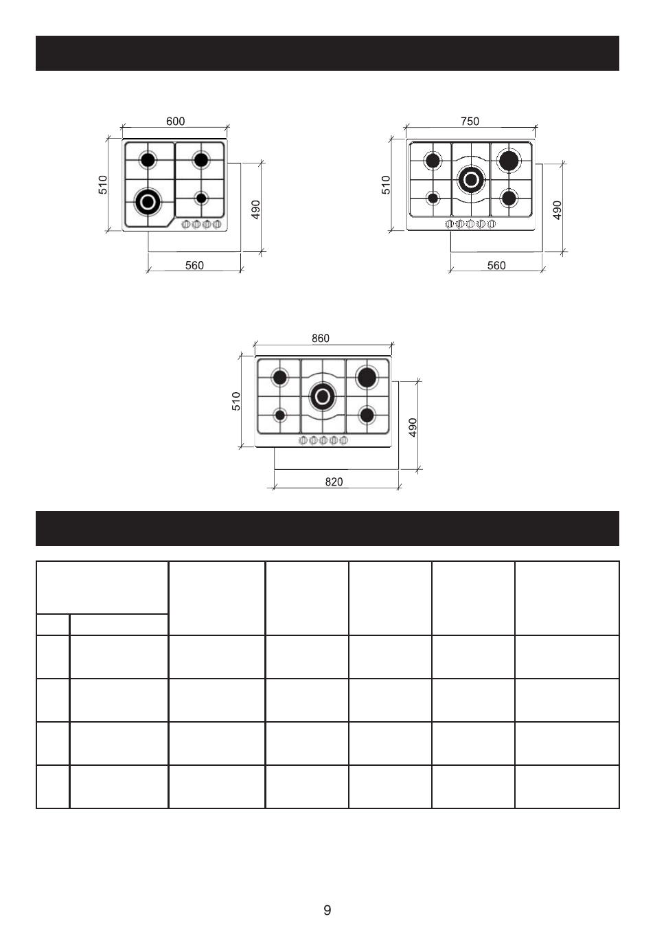 E - technical diagrams, F - technical characteristics table | AEG CGA 60 WOK User Manual | Page 9 / 12