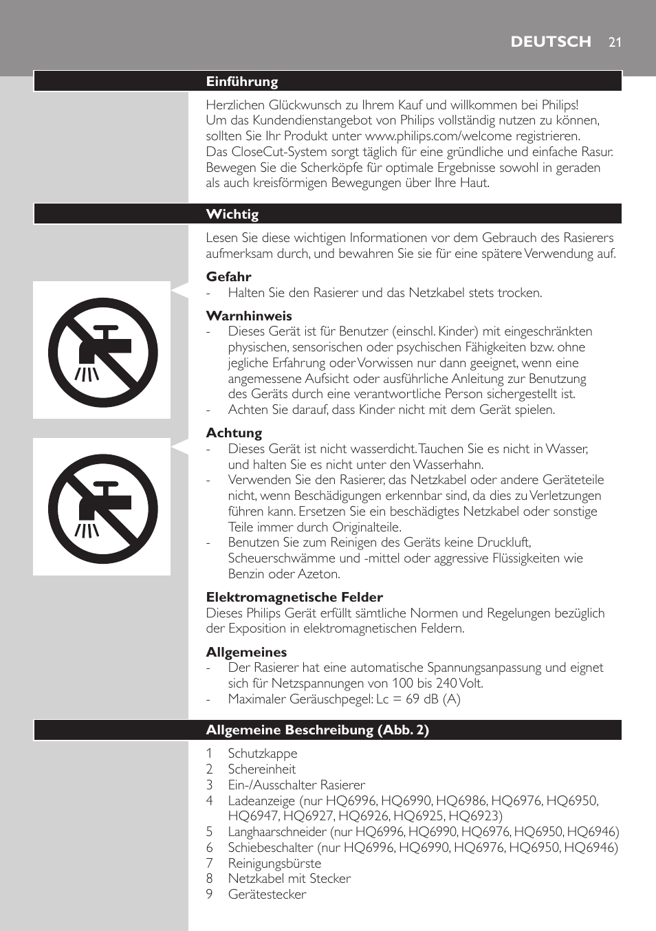 Deutsch, Deutsch 21 | Philips SHAVER Series 3000 afeitadora eléctrica en seco User Manual | Page 21 / 120