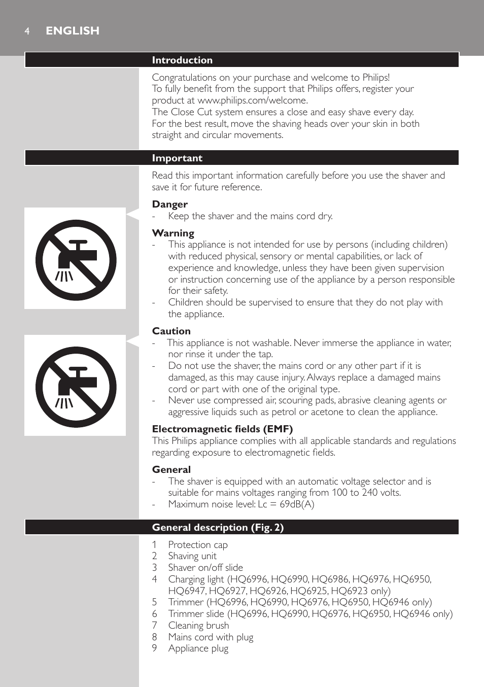 English | Philips SHAVER Series 3000 afeitadora eléctrica en seco User Manual | Page 4 / 120