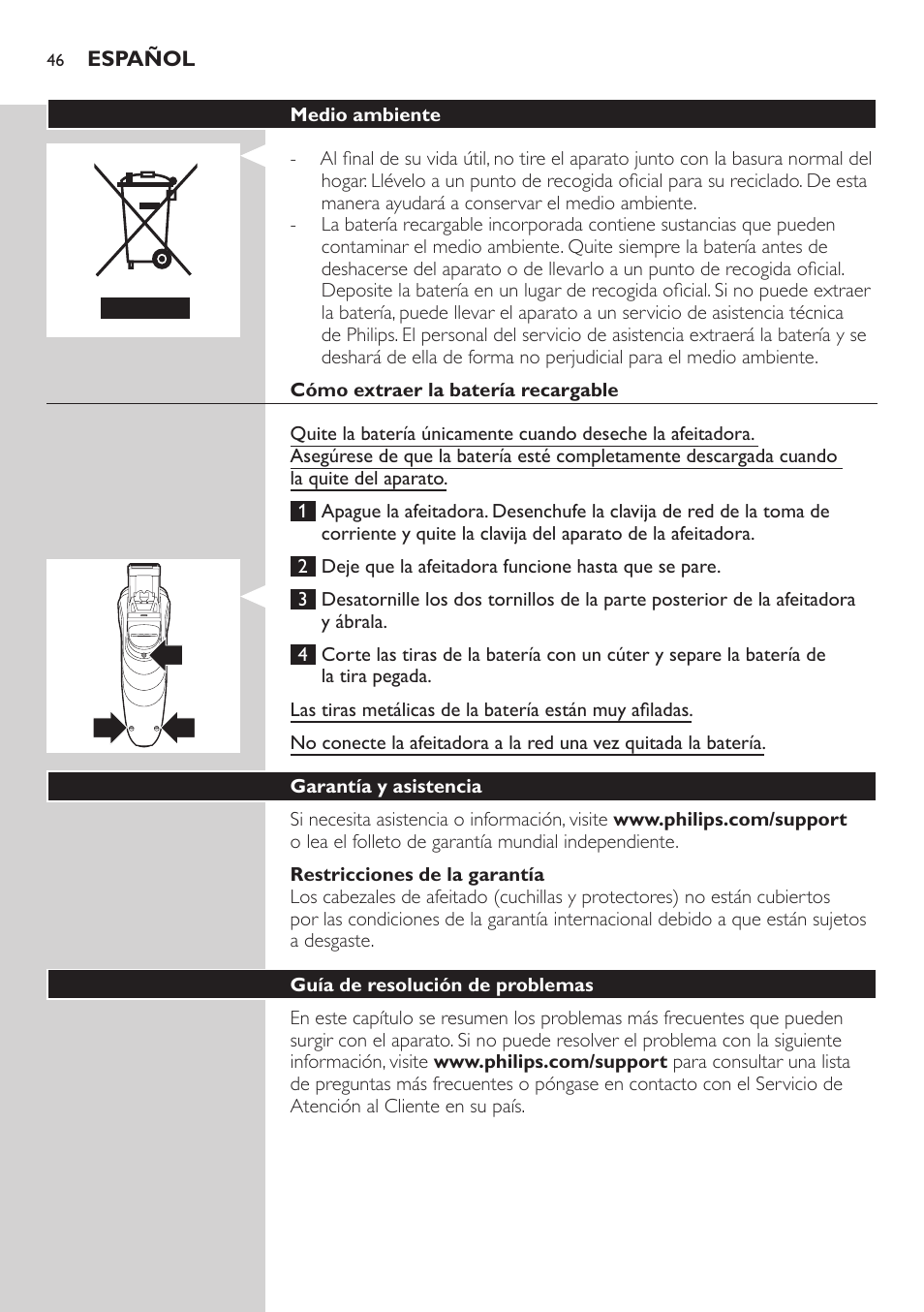 Philips SHAVER Series 3000 afeitadora eléctrica en seco User Manual | Page 46 / 120