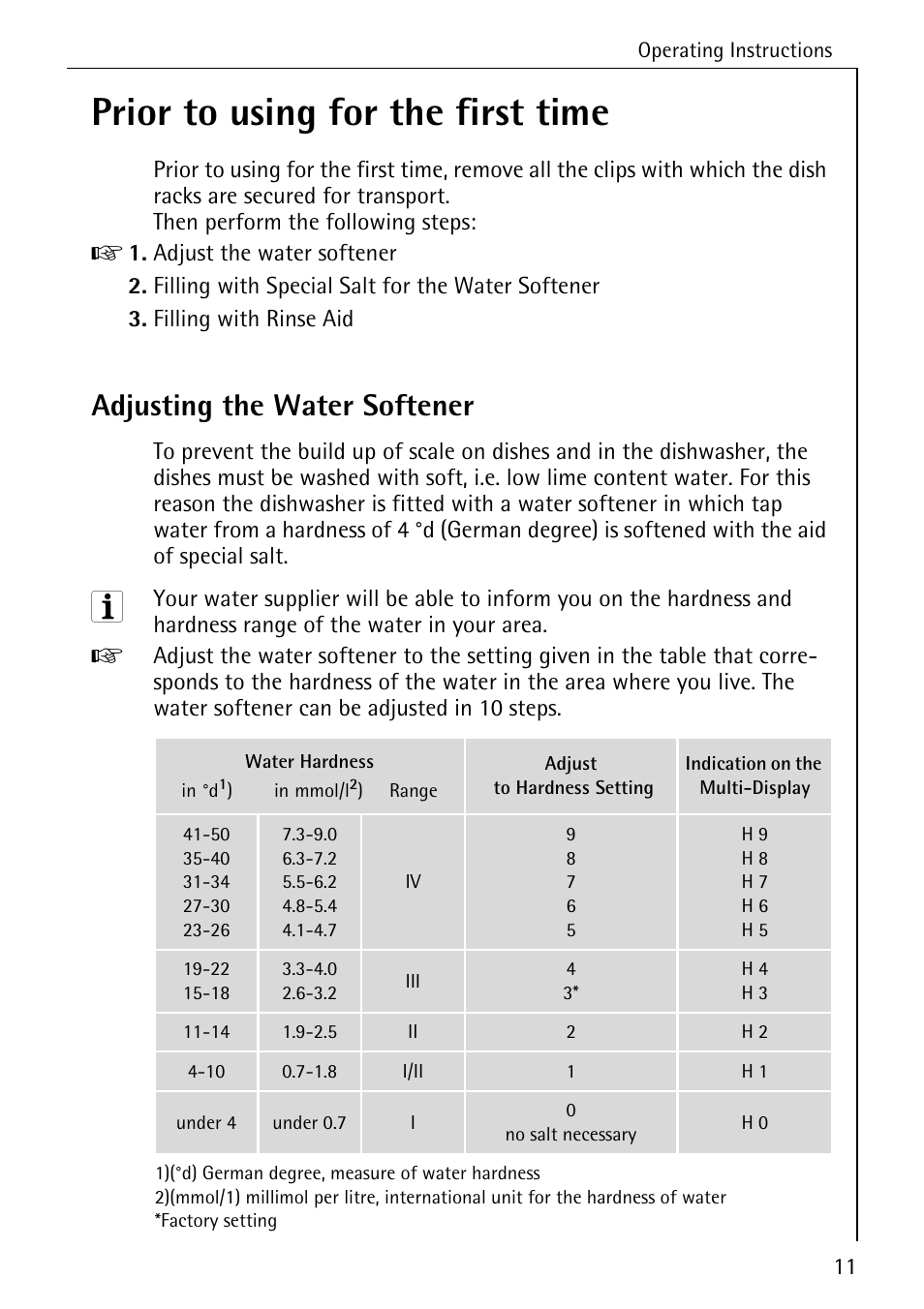 Prior to using for the first time, Adjusting the water softener | AEG KO_FAVORIT 80800 User Manual | Page 11 / 48