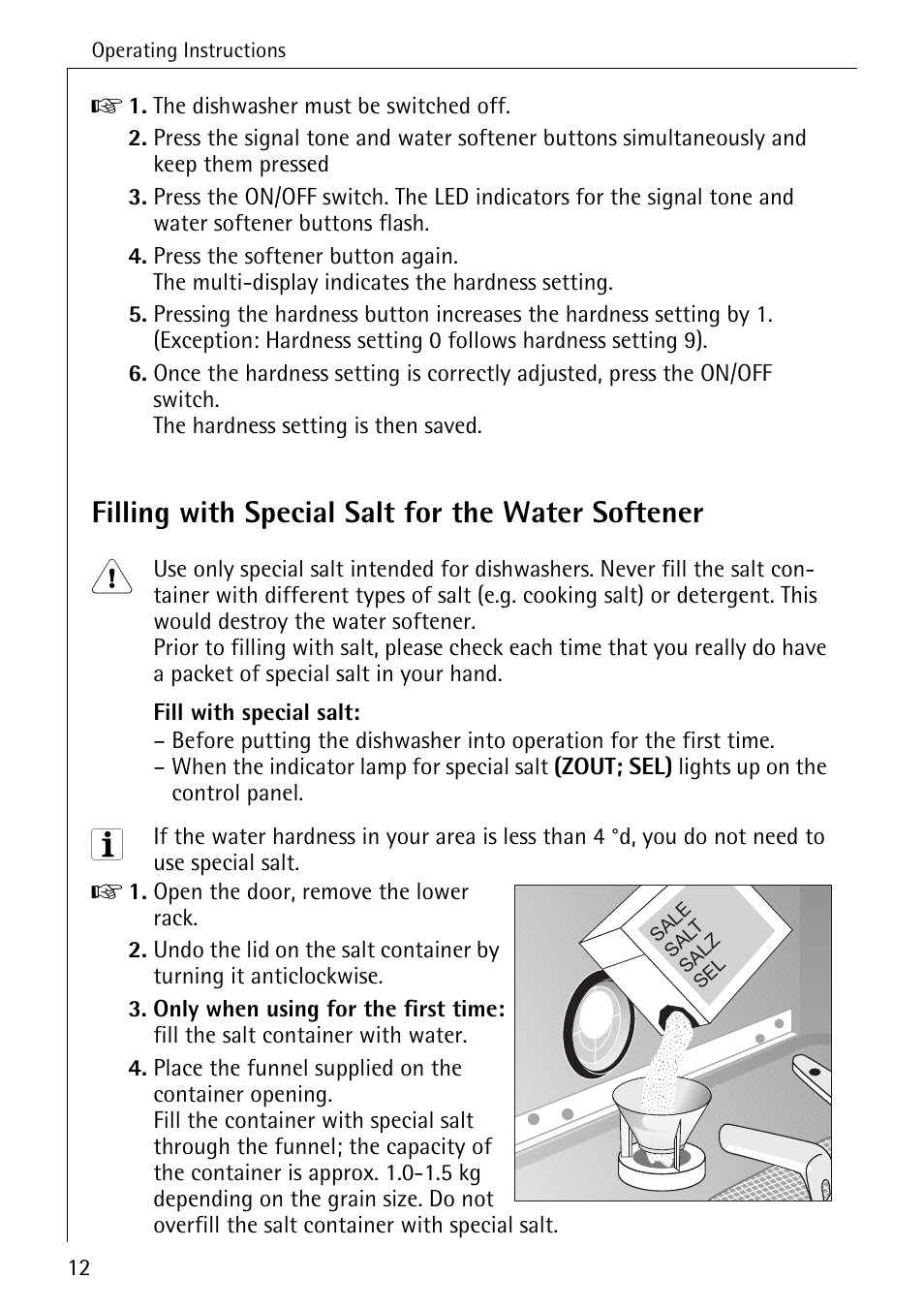 Filling with special salt for the water softener | AEG KO_FAVORIT 80800 User Manual | Page 12 / 48