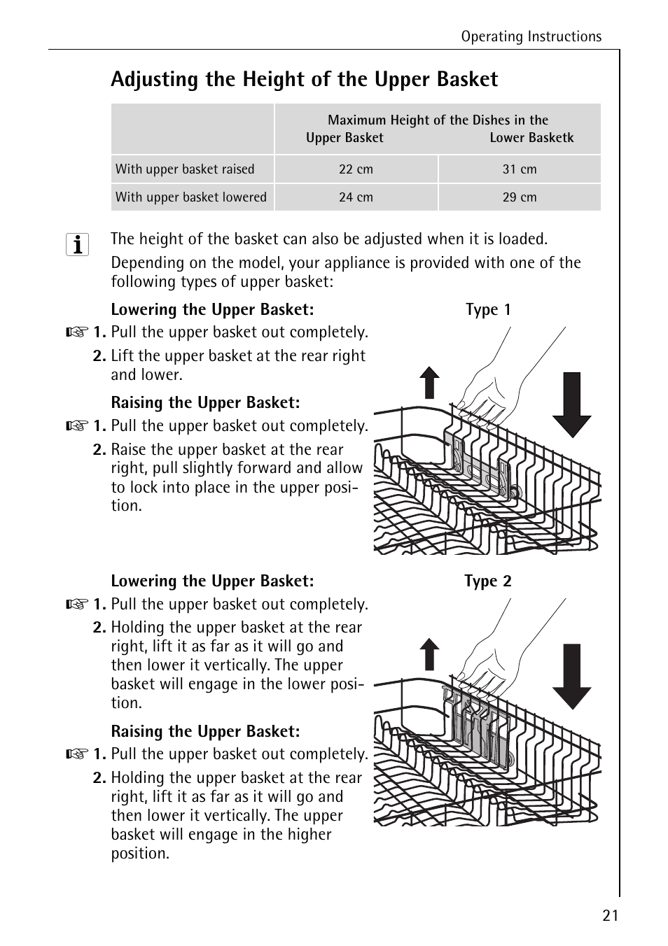 Adjusting the height of the upper basket | AEG KO_FAVORIT 80800 User Manual | Page 21 / 48