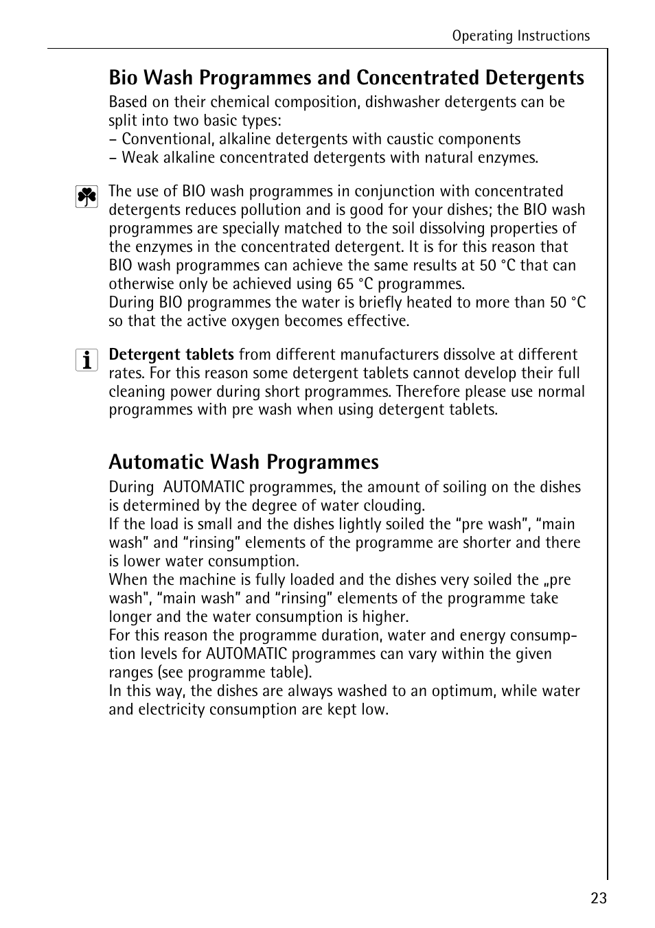 Bio wash programmes and concentrated detergents, Automatic wash programmes | AEG KO_FAVORIT 80800 User Manual | Page 23 / 48