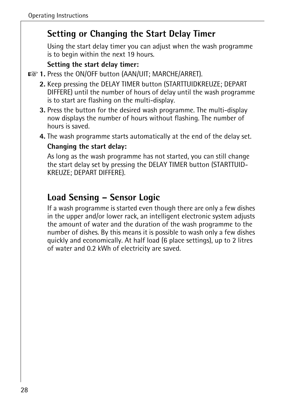 Setting or changing the start delay timer, Load sensing – sensor logic | AEG KO_FAVORIT 80800 User Manual | Page 28 / 48