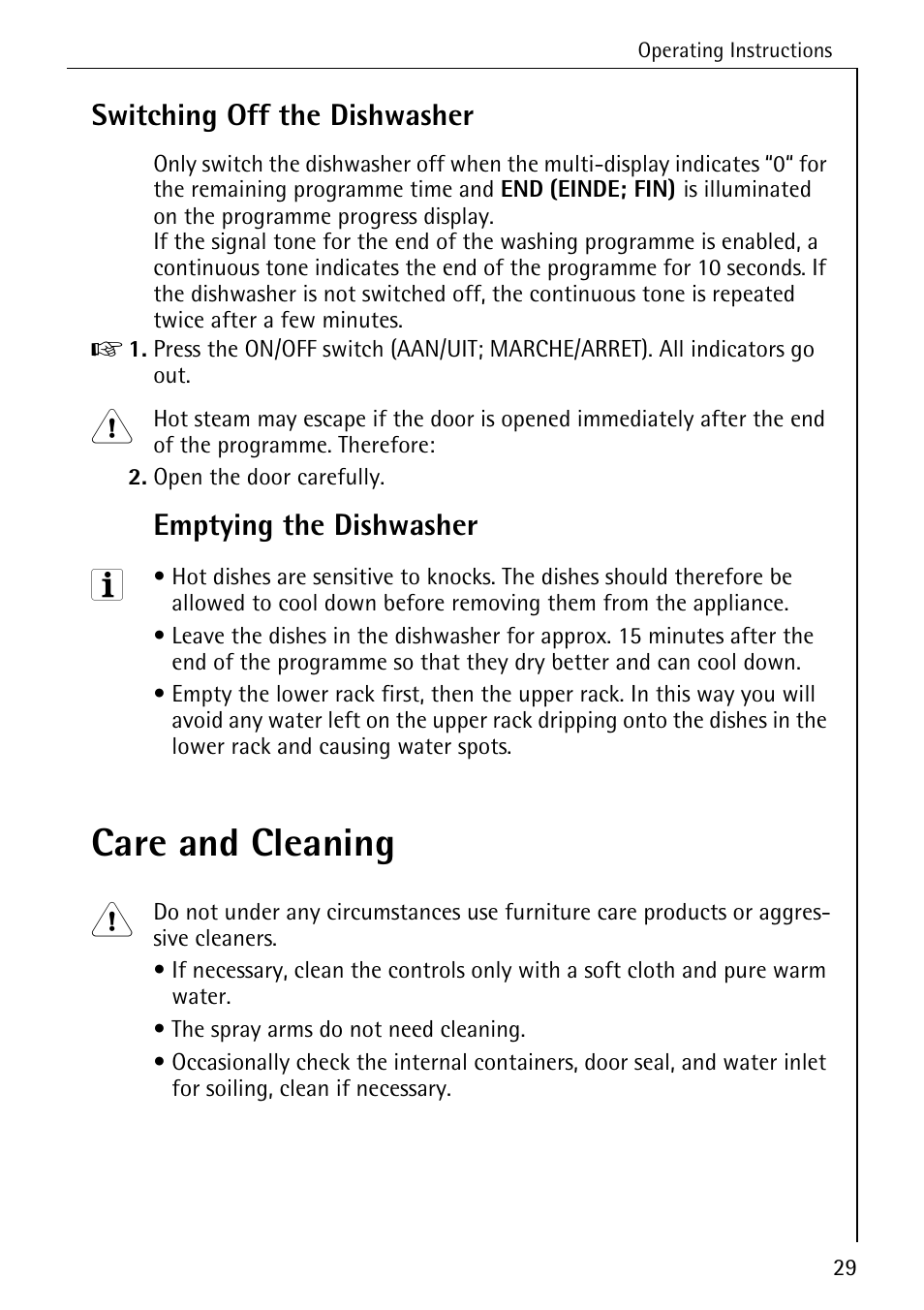 Care and cleaning, Switching off the dishwasher, Emptying the dishwasher | AEG KO_FAVORIT 80800 User Manual | Page 29 / 48