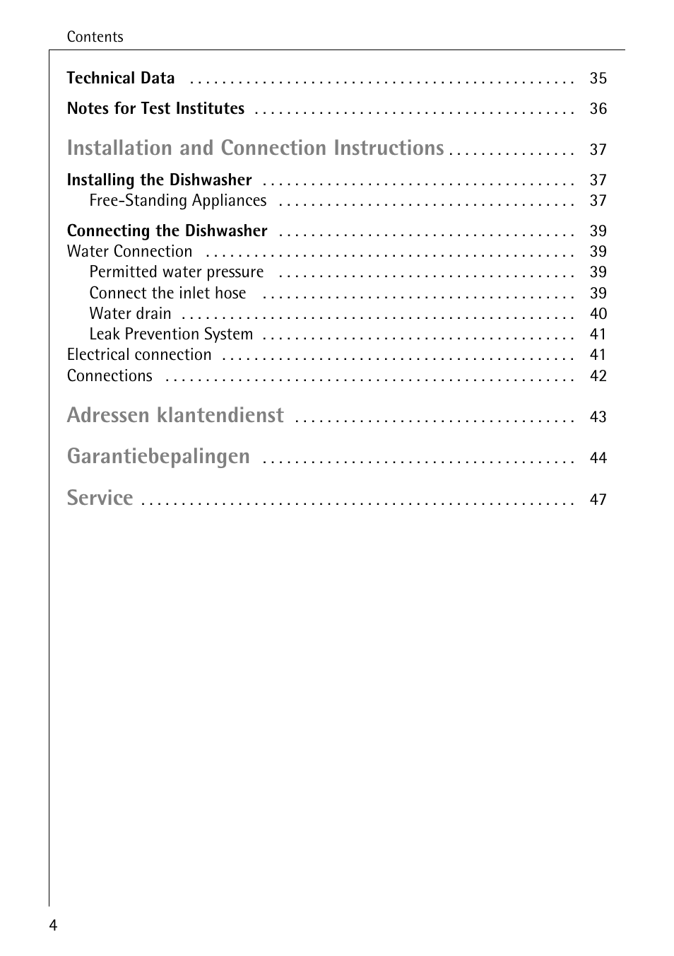 Installation and connection instructions, Adressen klantendienst, Garantiebepalingen | Service | AEG KO_FAVORIT 80800 User Manual | Page 4 / 48